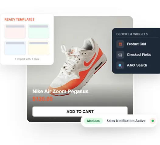 Screenshot of WooCommerce builder interface with Elementor widgets
